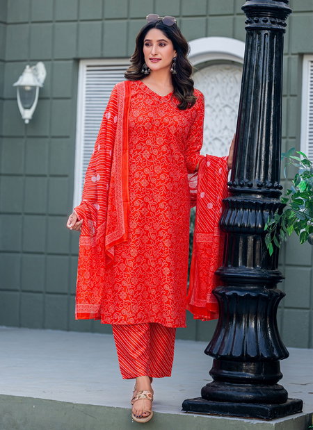 Orange Colour Cotton Blend With Print Kurti With Pant Dupatta Wholesale Price In Surat Aaradhna 2029